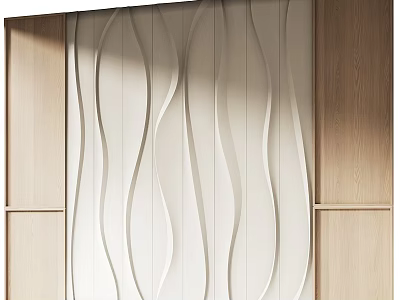 Modern Wavy Design Feature Wall With Light Colored Panels And Wooden Frames 3d model