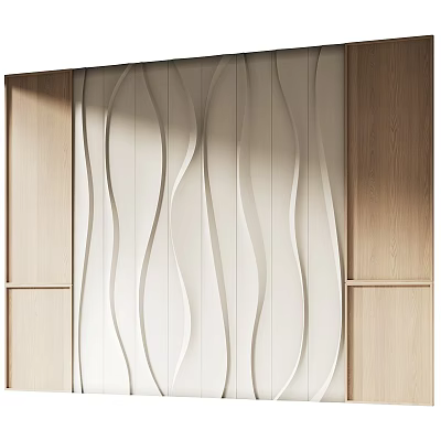 Modern Wavy Design Feature Wall With Light Colored Panels And Wooden Frames 3d model