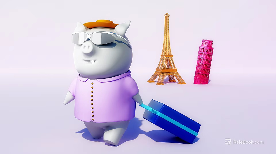 Commercial Display Equipment Featuring Cartoon Pig With Blue Luggage And Landmark Models 3d model 