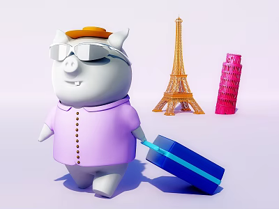 Commercial Display Equipment Featuring Cartoon Pig With Blue Luggage And Landmark Models 3d model