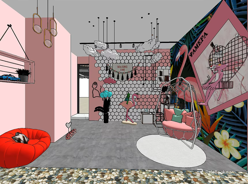 Vibrant Pink Interior With Swing Chair Red Bean Bag Geometric Wall And Hanging Lamps 3d model 