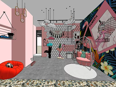 Vibrant Pink Interior With Swing Chair Red Bean Bag Geometric Wall And Hanging Lamps 3d model