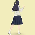 School Girl In White Jacket Blue Scarf Dark Pleated Skirt White Sneakers On Yellow Background