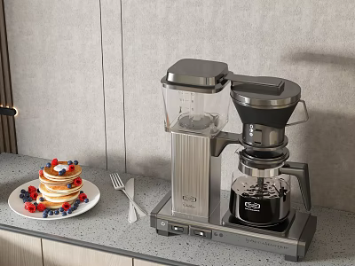 Modern Kitchen Countertop With Coffee Maker Blender And Breakfast Pancakes With Berries 3d model
