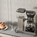 Modern Kitchen Countertop With Coffee Maker Blender And Breakfast Pancakes With Berries