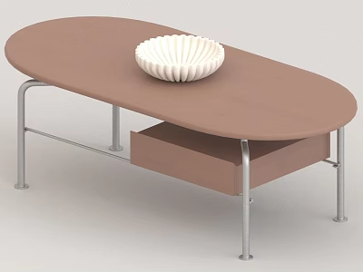 Oval Shaped Coffee Table With Brown Tabletop Metal Legs Lower Drawer Featuring White Decorative Bowl 3d model