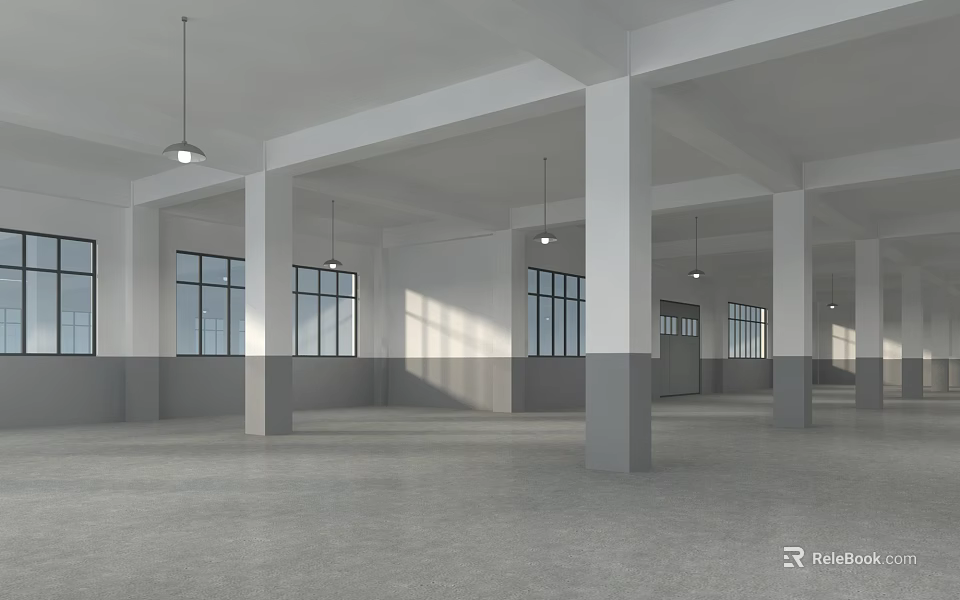 Spacious Empty Industrial Warehouse Interior With White Columns Large Windows Gray Walls And Polished Floor 3d model 