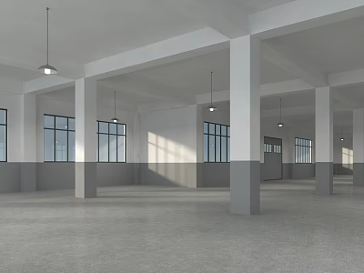 Spacious Empty Industrial Warehouse Interior With White Columns Large Windows Gray Walls And Polished Floor 3d model