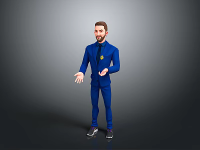 3D Character in Blue Business Suit Presenting on Grey Background 3d model