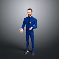 3D Character in Blue Business Suit Presenting on Grey Background