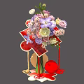 Art Installation With Floral Arrangements Red Decorative Elements And Geometric Structures