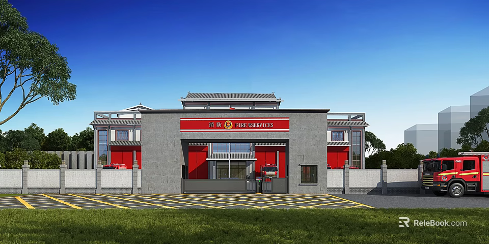 Fire Station Entrance Gate with Red Gate Chinese Style Roof Gray Walls Yellow Parking Lines 3d model 