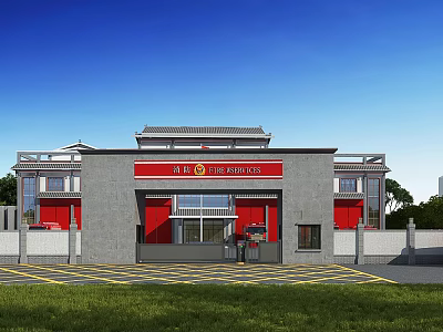 Fire Station Entrance Gate with Red Gate Chinese Style Roof Gray Walls Yellow Parking Lines 3d model