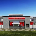 Fire Station Entrance Gate with Red Gate Chinese Style Roof Gray Walls Yellow Parking Lines