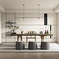 Modern Tea Room Interior With Hanging Lights Wooden Table Gray Stools Bonsai And Wall Shelves