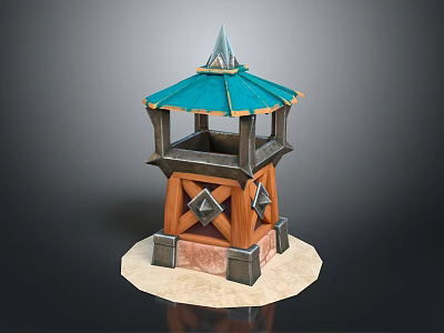 Scenic Landscape Featuring Traditional Wooden Tower With Green Roof And Stone Base Structure 3d model