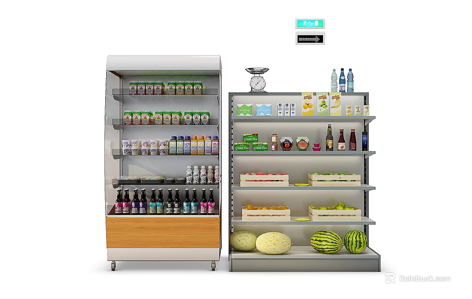 Commercial Refrigerator Freezer with Beverages Bottles Canned Foods and Fruits in Retail 3d model 
