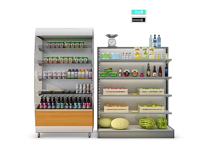 Commercial Refrigerator Freezer with Beverages Bottles Canned Foods and Fruits in Retail 3d model