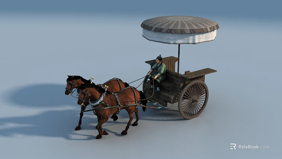 Horse Drawn Carriage With Two Brown Horses Canopy And Seated Driver 3d model 