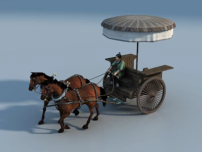 Horse Drawn Carriage With Two Brown Horses Canopy And Seated Driver 3d model
