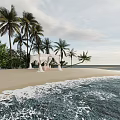 Romantic Beach Wedding Canopy Setup With Elegant Dining Setting Facing Blue Ocean Amid Palm Trees
