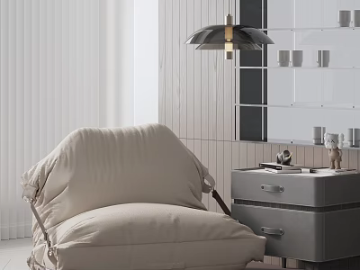 Comfortable Beige Fabric Leisure Chair In Modern Living Room With Side Cabinet 3d model