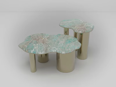 Two Cloud Shaped Coffee Tables With Green Pink Marble Tops And Gold Metal Legs 3d model