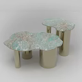 Two Cloud Shaped Coffee Tables With Green Pink Marble Tops And Gold Metal Legs