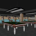 Spacious Billiard Room Interior With Multiple Tables Hanging Lights And Decorative Posters 3d model