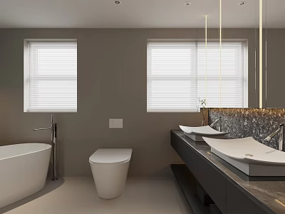 Modern Bathroom Interior With Bathtub Toilet Double Sinks And Marble Countertop 3d model