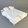 Double Bed With Bamboo Frame Dark Pillows And Blue White Striped Blanket 3d model