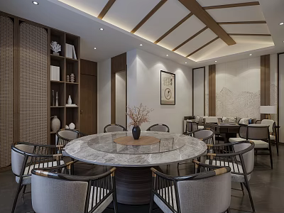 Chinese Style Private Room Interior With Marble Round Table Wooden Bookshelf And Decorative Painting 3d model