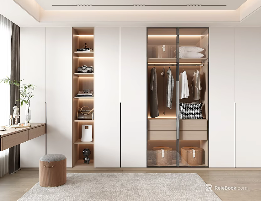Modern White Wardrobe Design With Glass Doors Open Shelves And Clothing Storage Drawers 3d model 
