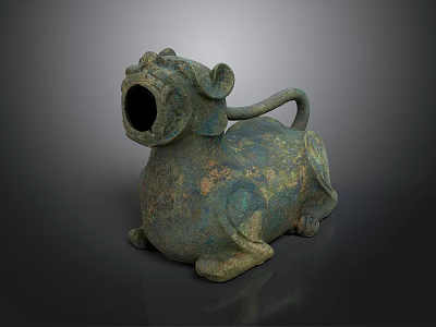 Ancient Bronze Mythical Beast Sculpture With Open Mouth And Curled Tail 3d model