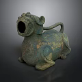 Ancient Bronze Mythical Beast Sculpture With Open Mouth And Curled Tail