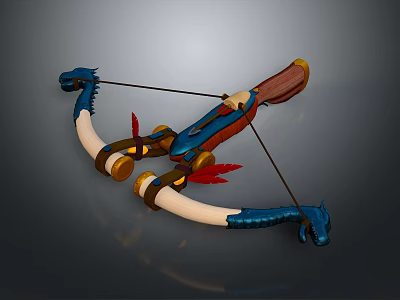 Decorative Ornate Bow With Blue Frame Wooden Handle Red Feather And Ivory Limbs 3d model