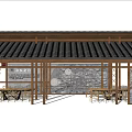Wooden Pergola Structure With Black Tile Roof And Glass Panels For Outdoor Seating