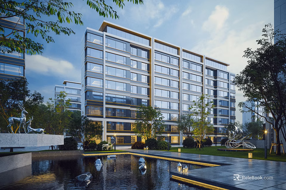 Modern Mid Rise Residential Building With Glass Curtain Walls Greenery Water Pond And Sculptures 3d model 
