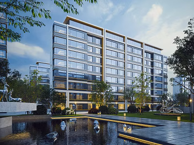 Modern Mid Rise Residential Building With Glass Curtain Walls Greenery Water Pond And Sculptures 3d model