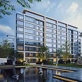Modern Mid Rise Residential Building With Glass Curtain Walls Greenery Water Pond And Sculptures