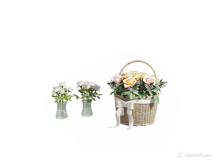 Small Glass Vases And Wicker Basket With White Purple Pink Yellow Roses And Ribbon 3d model 