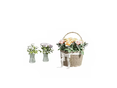 Small Glass Vases And Wicker Basket With White Purple Pink Yellow Roses And Ribbon 3d model