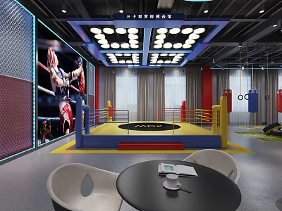 Modern Fitness Gym Interior With Boxing Ring Training Equipment Screen And Rest Seats 3d model