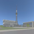 Tall Modern TV Tower With Steel Lattice Structure Standing Against Clear Blue Sky