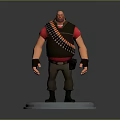 Bald Muscular Game Character With Red T-shirt Black Vest Ammunition Belt And Dark Boots