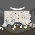 Kids Playroom Interior With Teepee Tent Balloons Swing Stuffed Animals Cloud Decorations And Round Light