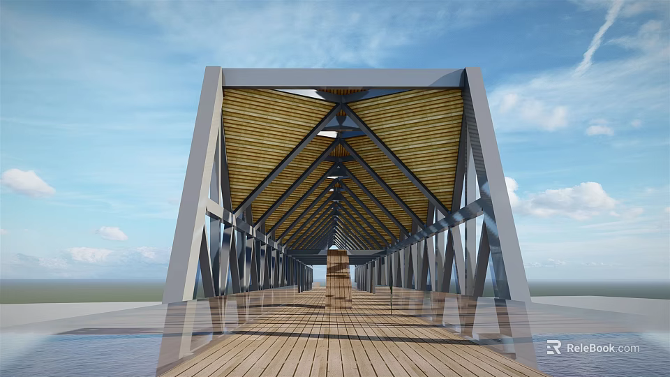Modern Bridge Design With Metal Frame And Wooden Walkway Over Water Surface 3d model 