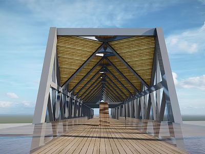 Modern Bridge Design With Metal Frame And Wooden Walkway Over Water Surface 3d model