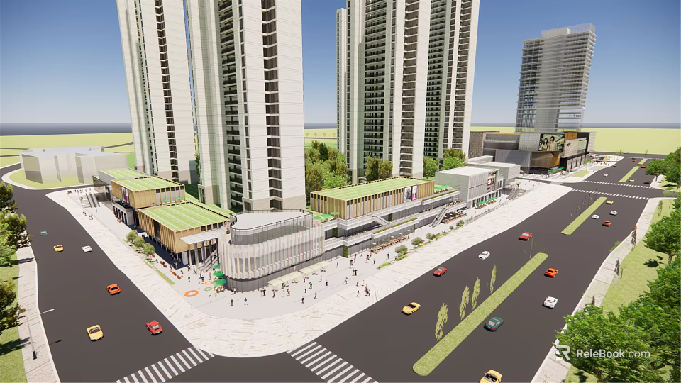 Modern Commercial Street With High Rise Buildings Shopping Mall Pedestrians And Vehicles 3d model 