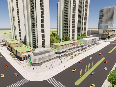 Modern Commercial Street With High Rise Buildings Shopping Mall Pedestrians And Vehicles 3d model